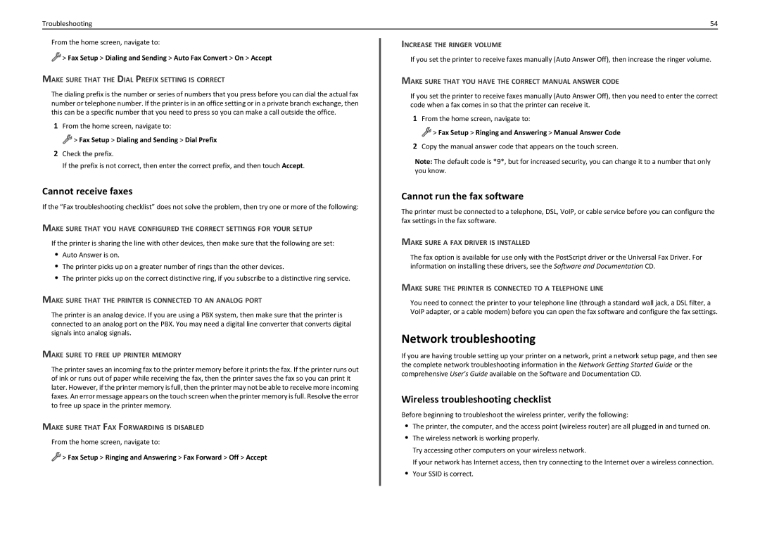 Lexmark PRO5500 manual Network troubleshooting, Cannot receive faxes, Cannot run the fax software 