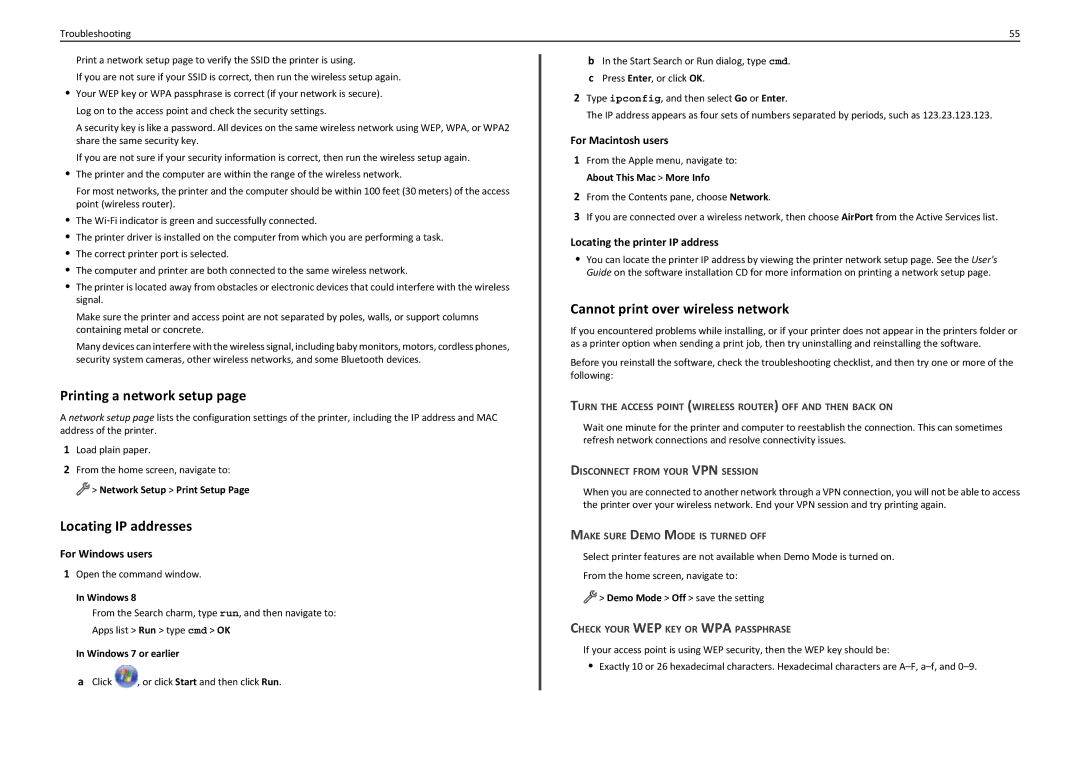 Lexmark PRO5500 manual Printing a network setup, Locating IP addresses, Cannot print over wireless network 