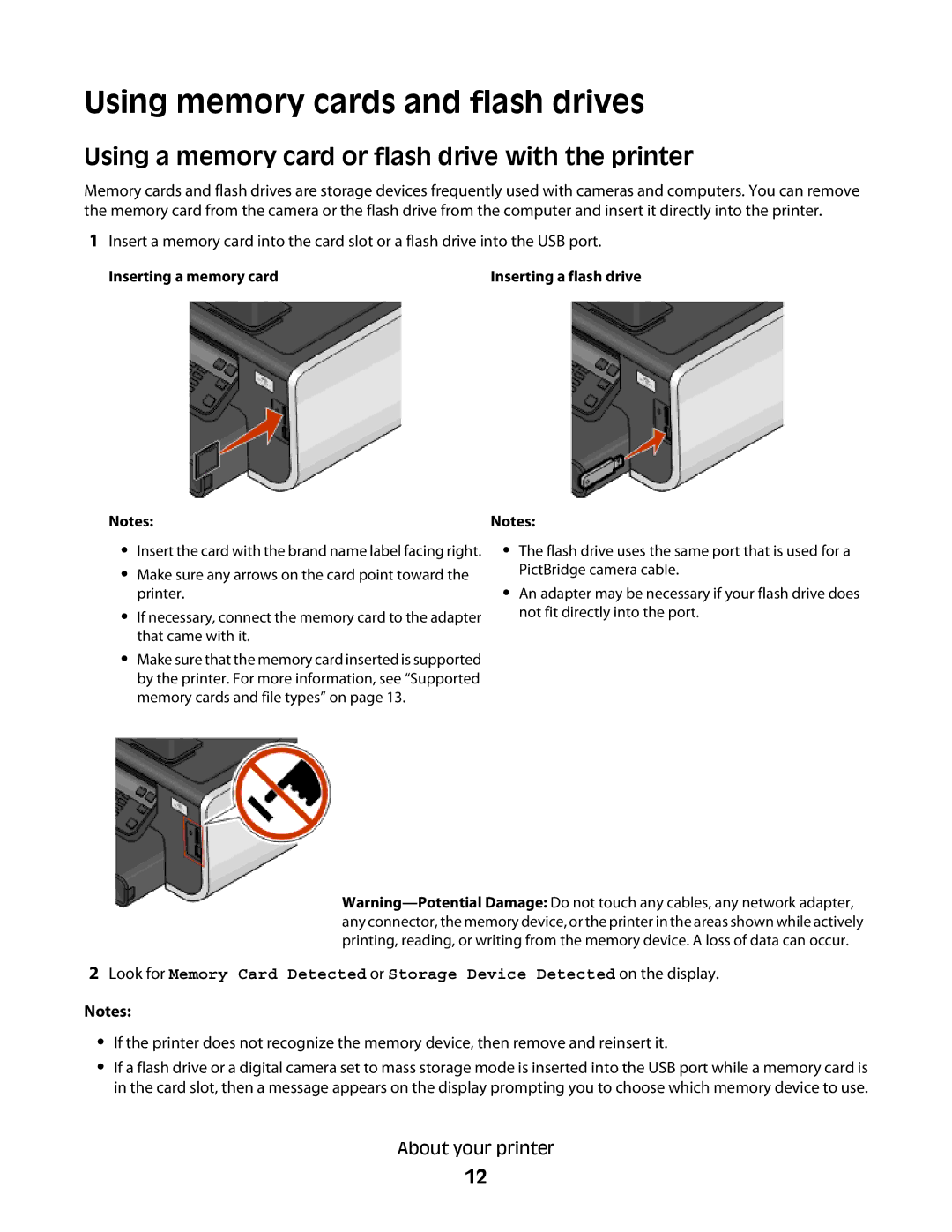 Lexmark PRO700 manual Using memory cards and flash drives, Using a memory card or flash drive with the printer 