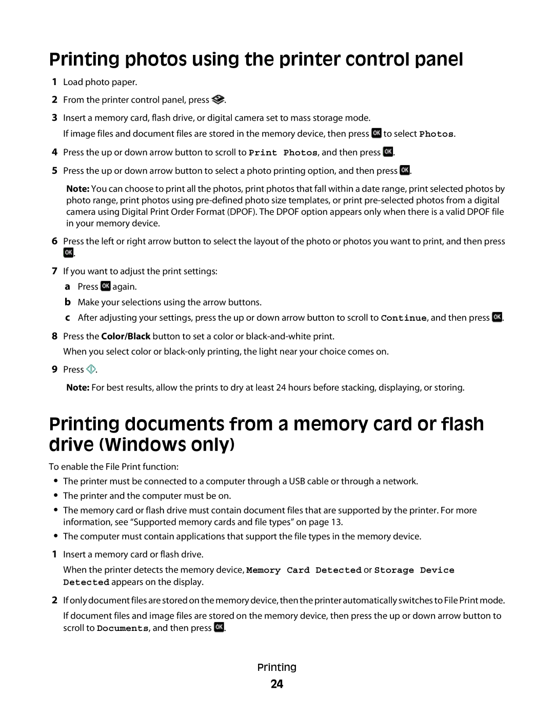 Lexmark PRO700 manual Printing photos using the printer control panel 