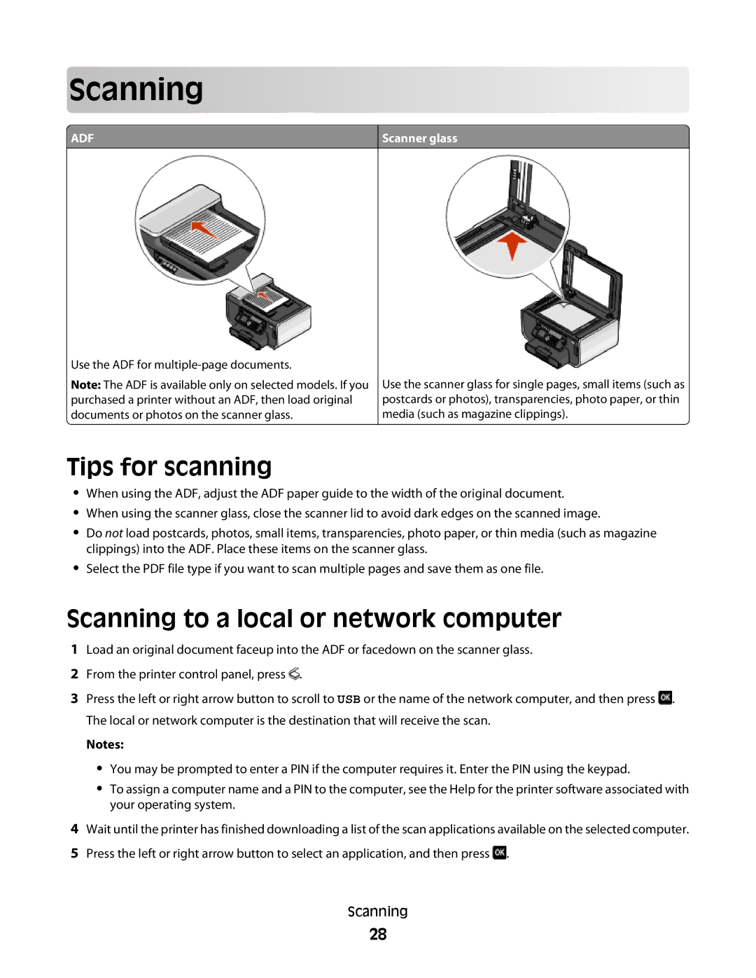 Lexmark PRO700 manual Scan ning, Tips for scanning, Scanning to a local or network computer 