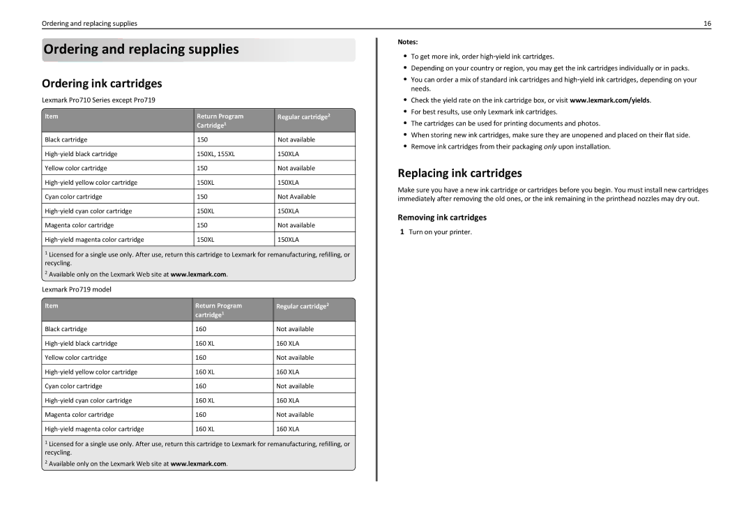 Lexmark PRO710 Ordering and replacing supplies, Ordering ink cartridges, Replacing ink cartridges, Removing ink cartridges 