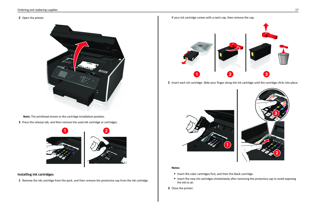 Lexmark PRO710 manual Installing ink cartridges 