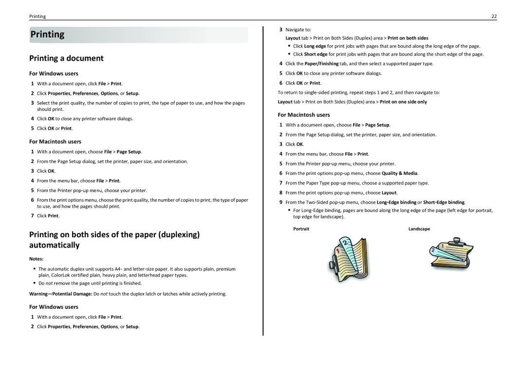 Lexmark PRO710 Printing a document, Printing on both sides of the paper duplexing automatically, PortraitLandscape 