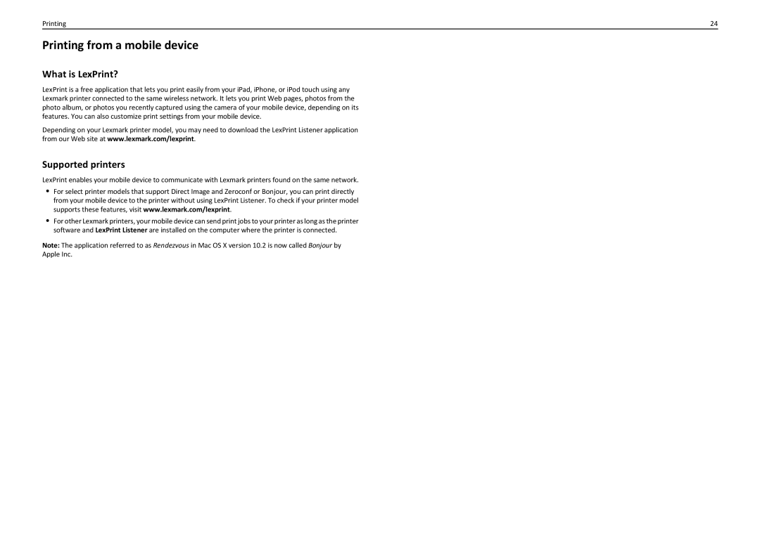 Lexmark PRO710 manual Printing from a mobile device, What is LexPrint?, Supported printers, Apple Inc 