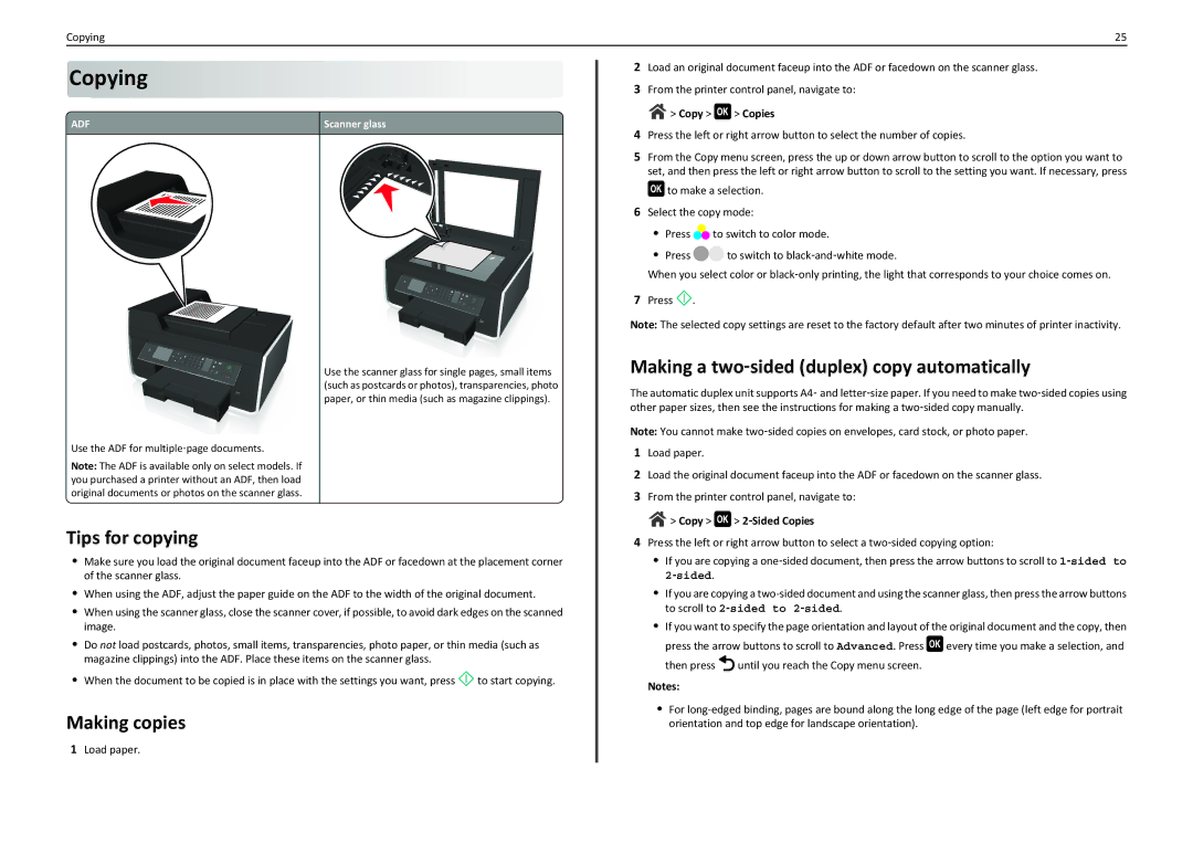 Lexmark PRO710 manual Copying, Tips for copying, Making copies, Making a two‑sided duplex copy automatically 