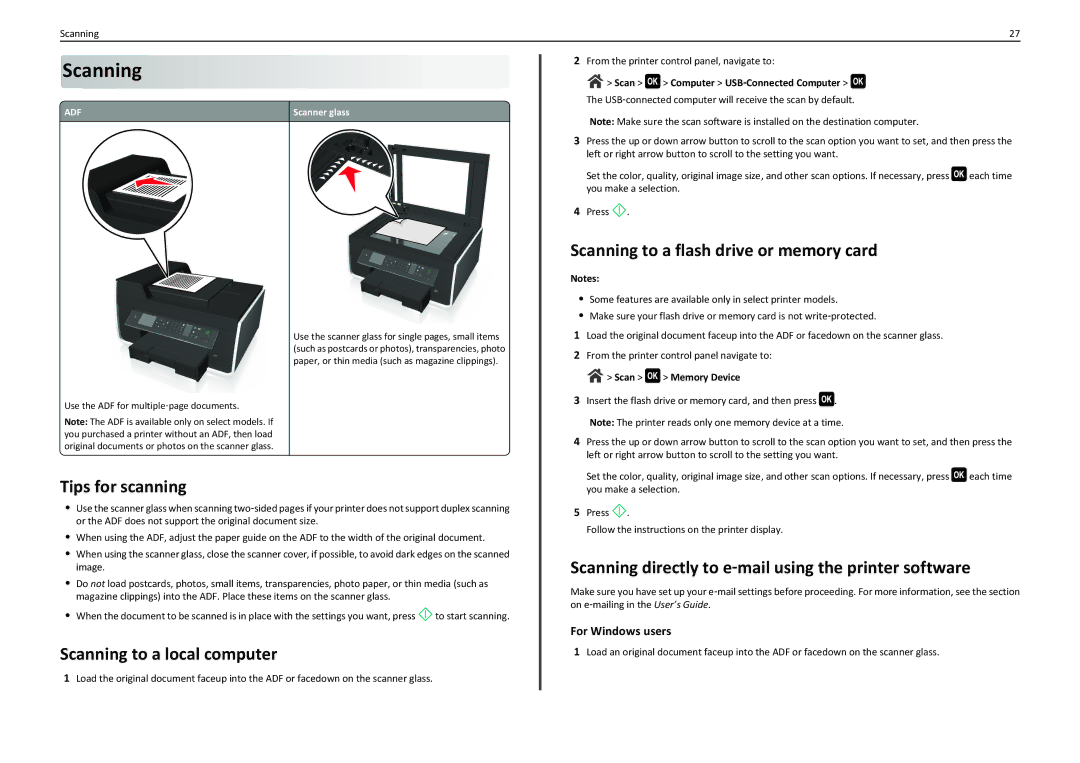 Lexmark PRO710 manual Tips for scanning, Scanning to a local computer, Scanning to a flash drive or memory card 