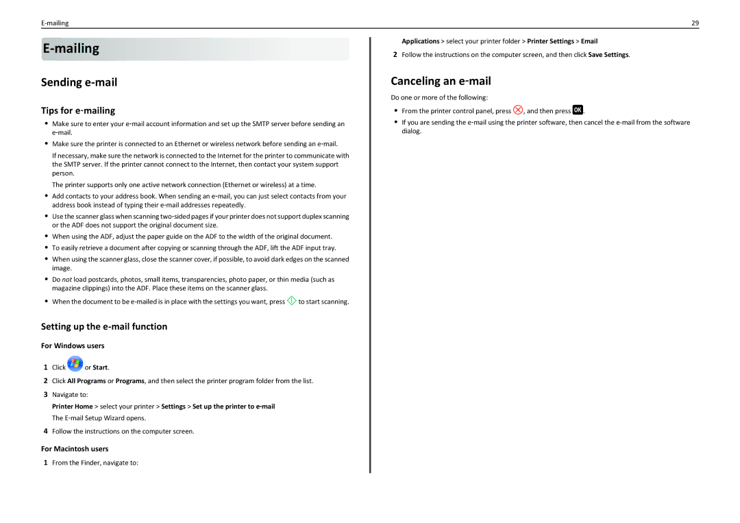 Lexmark PRO710 manual Sending e-mail, Canceling an e‑mail, Tips for e‑mailing, Setting up the e-mail function 