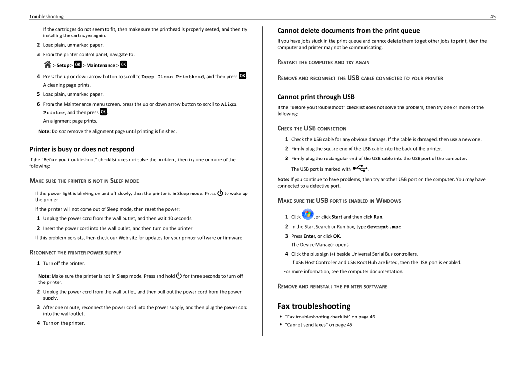 Lexmark PRO710 manual Fax troubleshooting, Cannot delete documents from the print queue, Cannot print through USB 