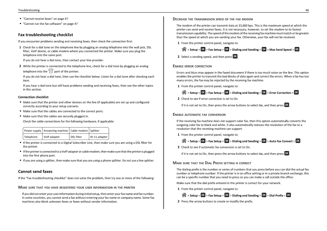 Lexmark PRO710 manual Fax troubleshooting checklist, Cannot send faxes, Connection checklist 