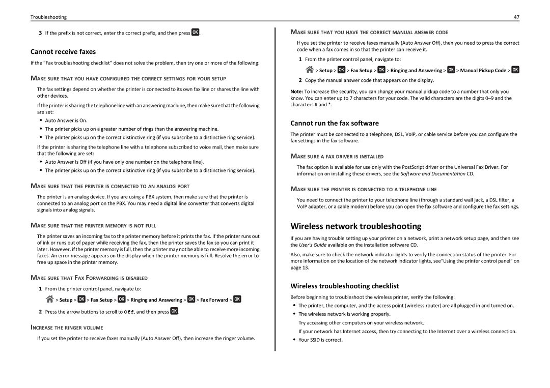 Lexmark PRO710 manual Wireless network troubleshooting, Cannot receive faxes, Cannot run the fax software 