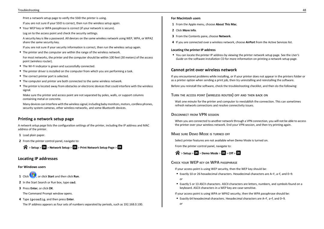 Lexmark PRO710 manual Printing a network setup, Locating IP addresses, Cannot print over wireless network 