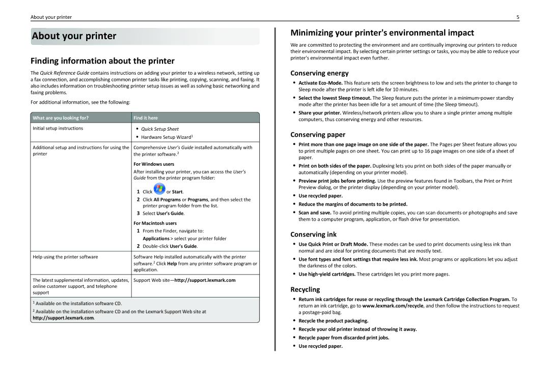 Lexmark PRO710 manual Finding information about the printer, Minimizing your printers environmental impact 