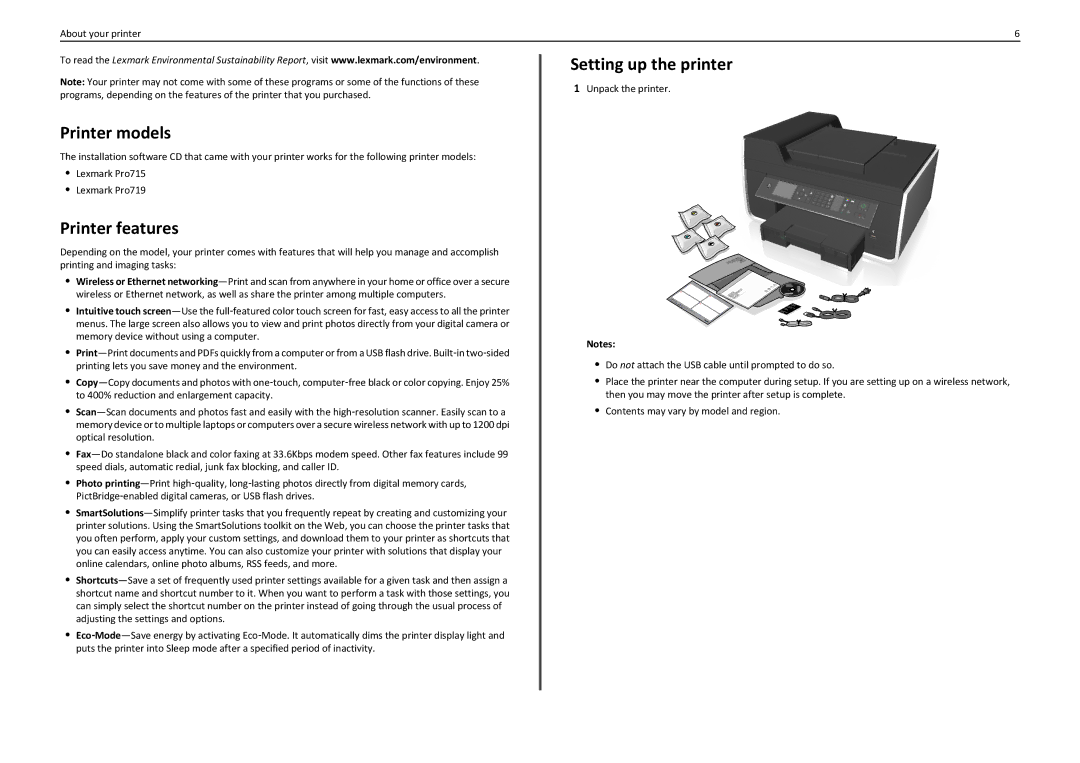 Lexmark PRO710 manual Printer models, Printer features, Setting up the printer 