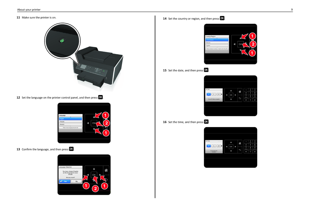 Lexmark PRO710 manual Set the country or region, and then press, Set the date, and then press, Set the time, and then press 