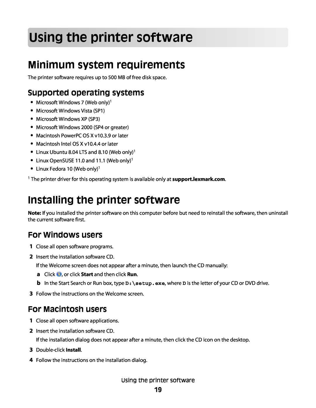 Lexmark Pro800 Usingthe printersoftware, Minimum system requirements, Installing the printer software, For Windows users 