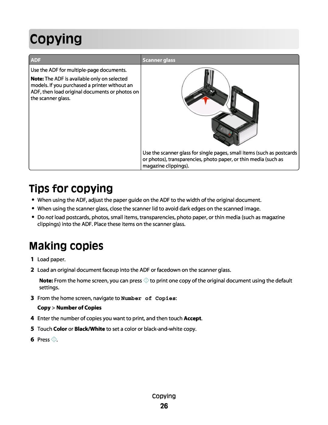 Lexmark Pro803, Pro800 manual Copying, Tips for copying, Making copies 