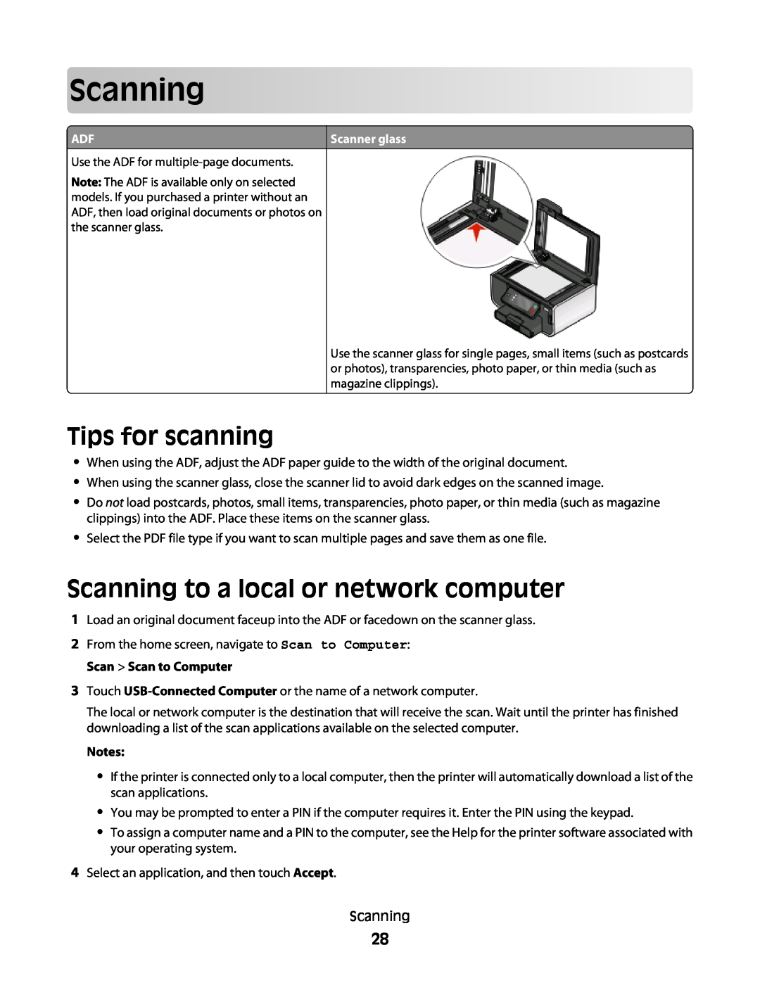 Lexmark Pro803, Pro800 manual Tips for scanning, Scanning to a local or network computer 