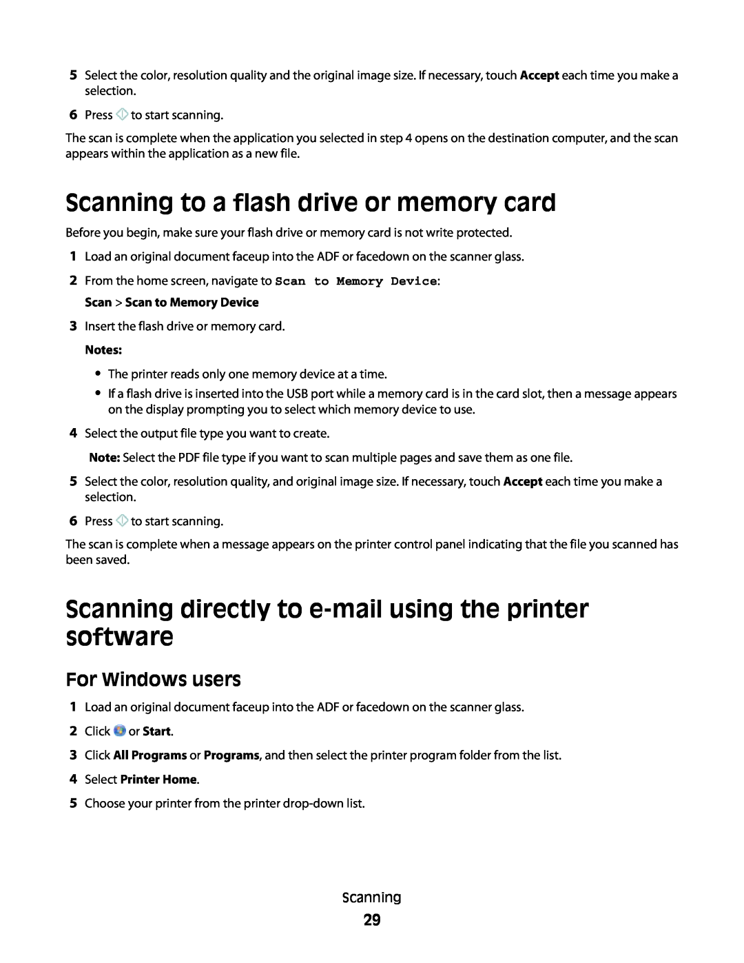 Lexmark Pro800, Pro803 Scanning to a flash drive or memory card, Scanning directly to e-mail using the printer software 