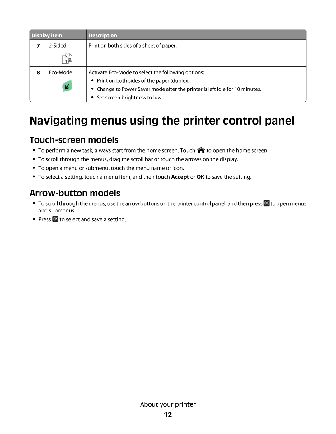 Lexmark Pro803, Pro800 manual Navigating menus using the printer control panel, Touch-screen models, Arrow-button models 