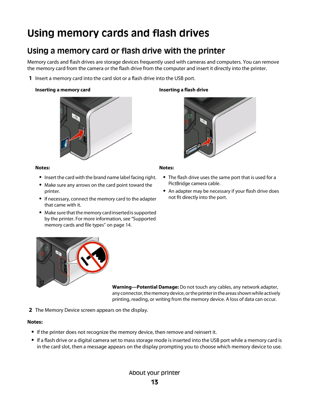 Lexmark Pro800, Pro803 manual Using memory cards and flash drives, Using a memory card or flash drive with the printer 