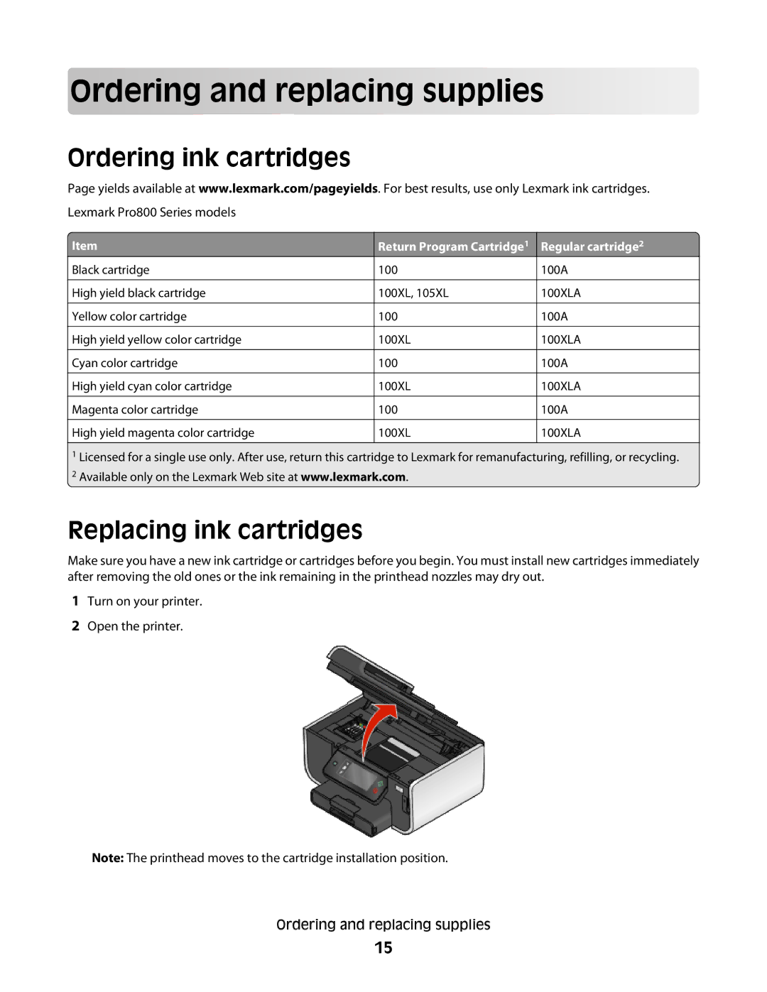 Lexmark Pro800, Pro803 manual Orde rin g an d replac in g supplie s, Ordering ink cartridges, Replacing ink cartridges 