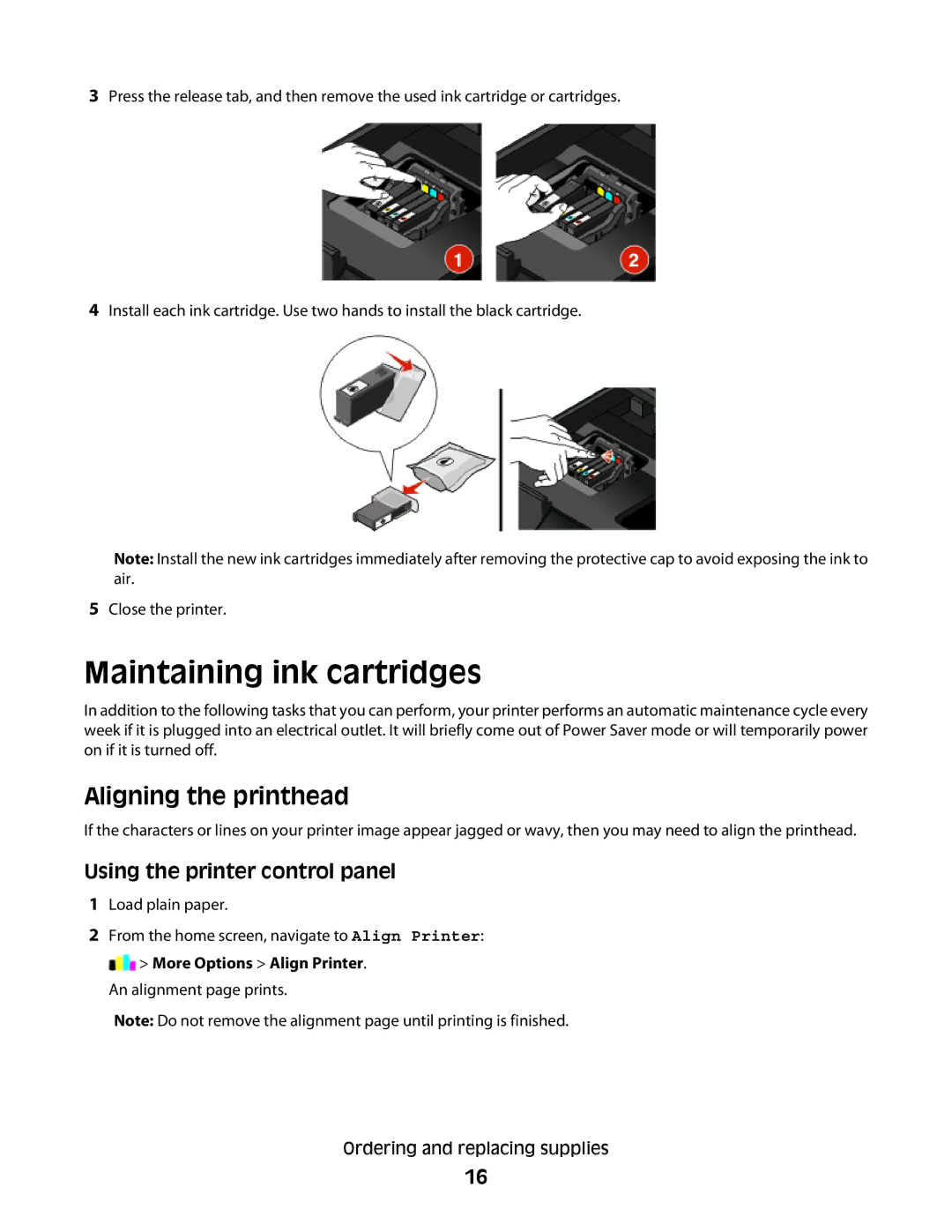 Lexmark Pro803, Pro800 manual Maintaining ink cartridges, Aligning the printhead 