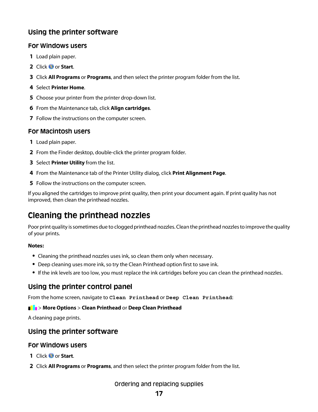 Lexmark Pro800, Pro803 manual Cleaning the printhead nozzles, Using the printer software 