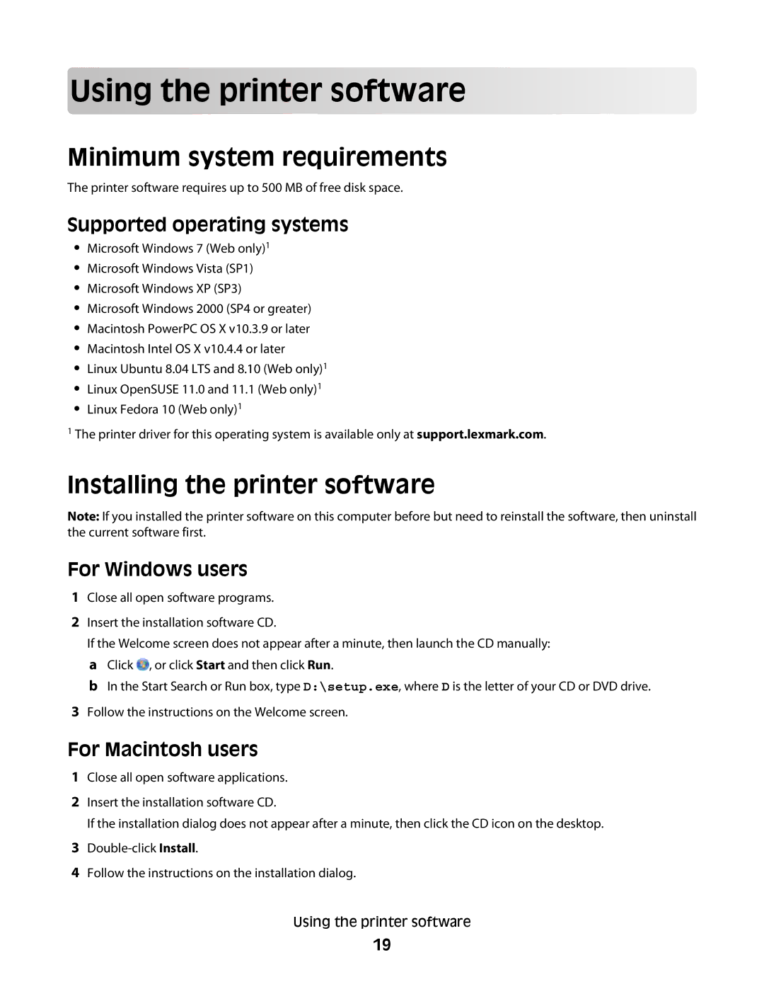 Lexmark Pro800, Pro803 manual Using th e printe r so f t w are, Minimum system requirements, Installing the printer software 