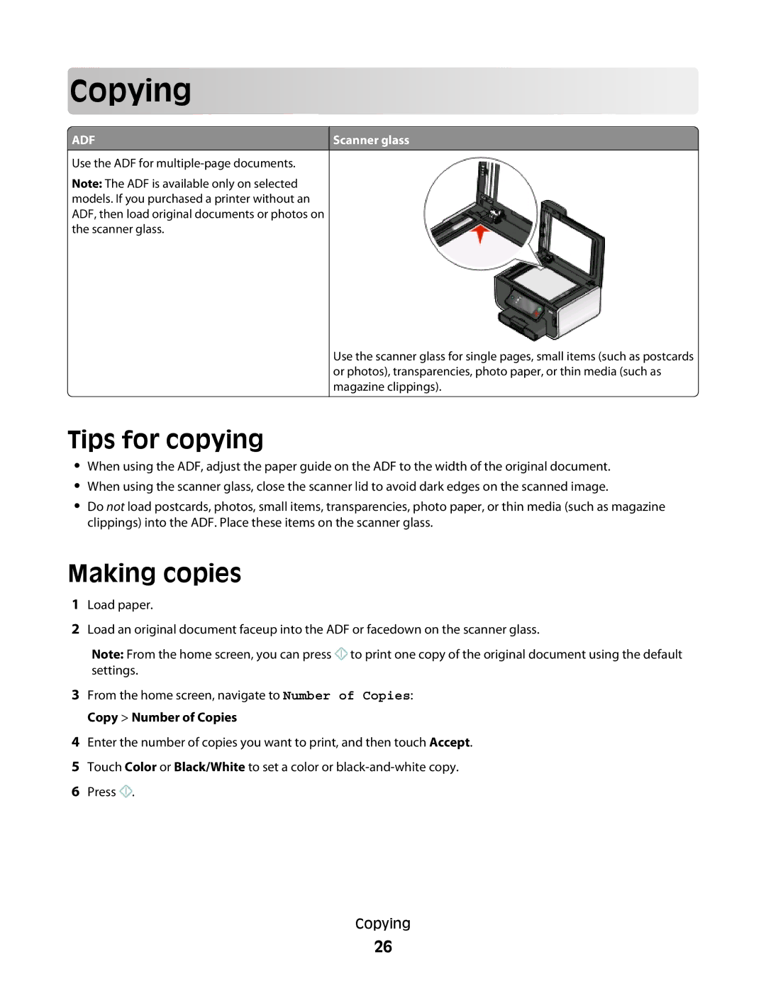 Lexmark Pro803, Pro800 manual Cop ying, Tips for copying, Making copies, Scanner glass 