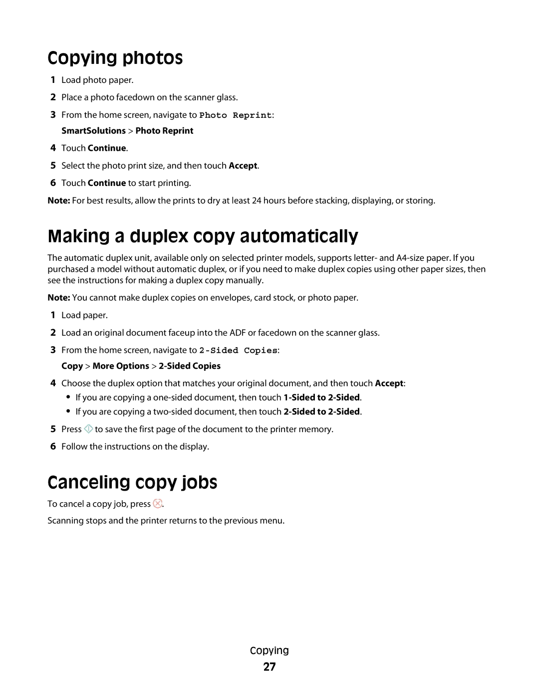 Lexmark Pro800, Pro803 manual Copying photos, Making a duplex copy automatically, Canceling copy jobs 