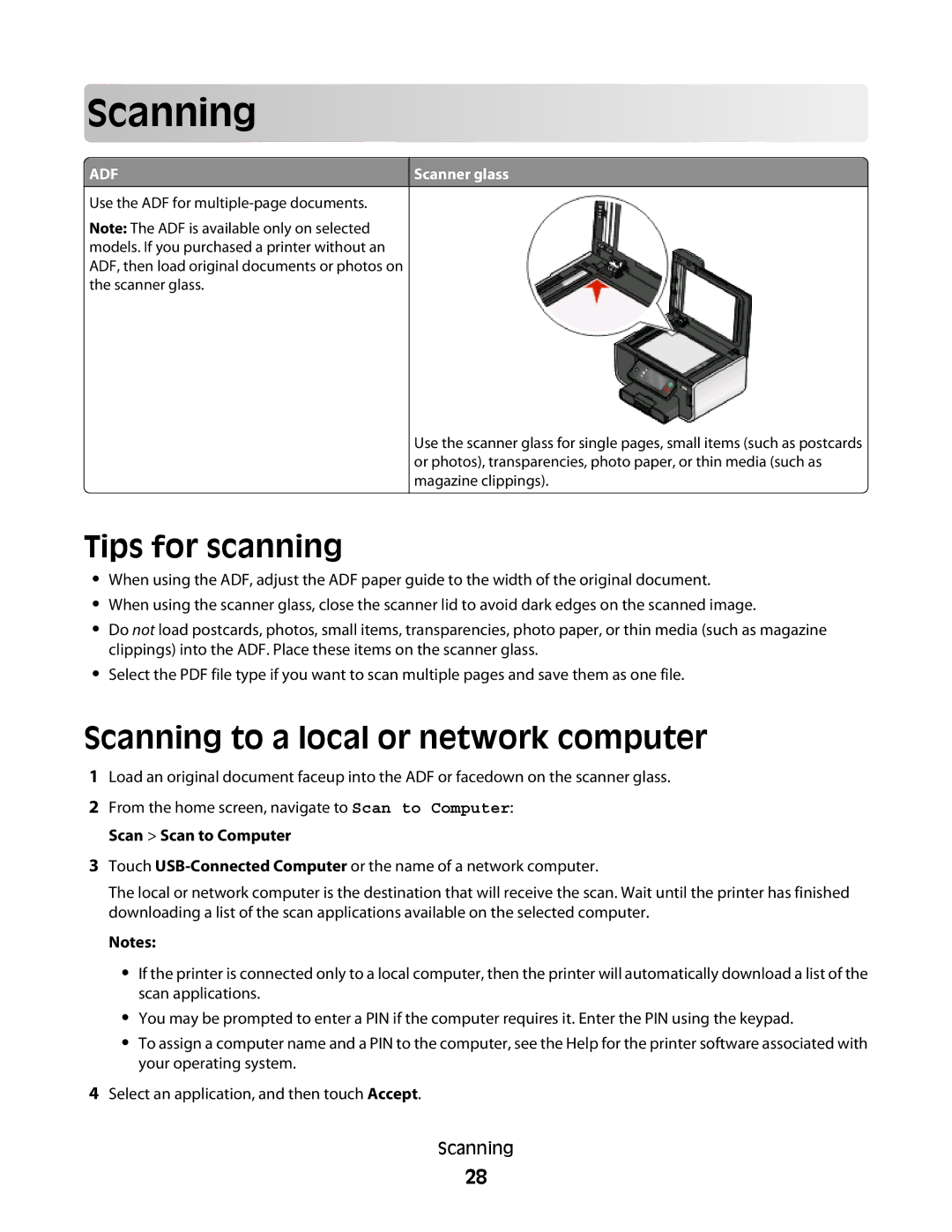 Lexmark Pro803, Pro800 manual Scan ning, Tips for scanning, Scanning to a local or network computer 