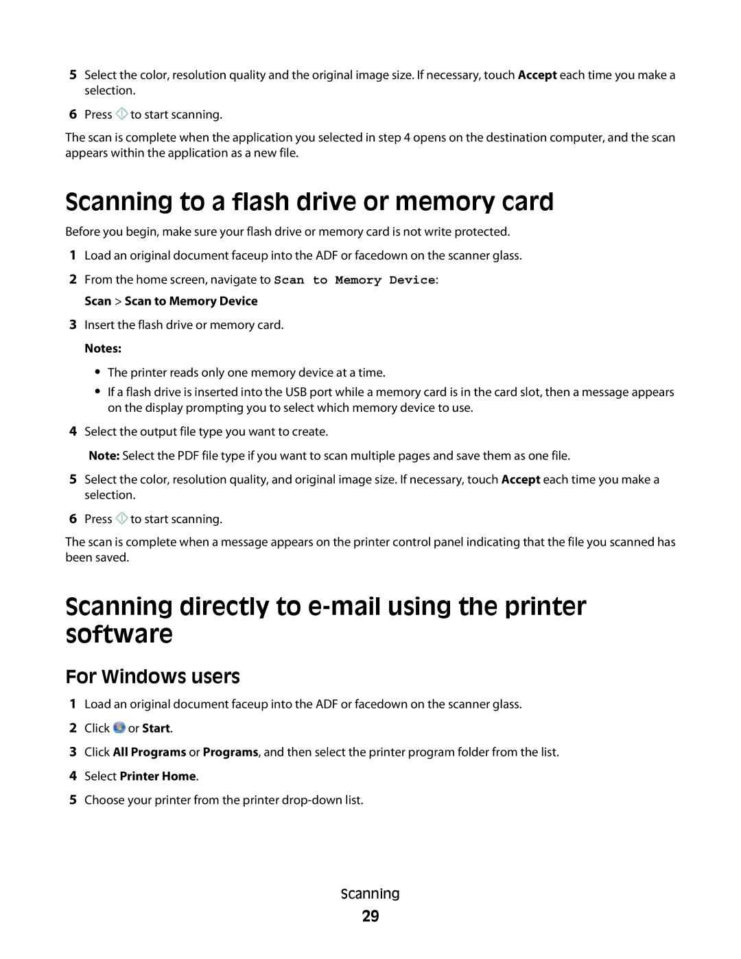 Lexmark Pro800, Pro803 Scanning to a flash drive or memory card, Scanning directly to e-mail using the printer software 