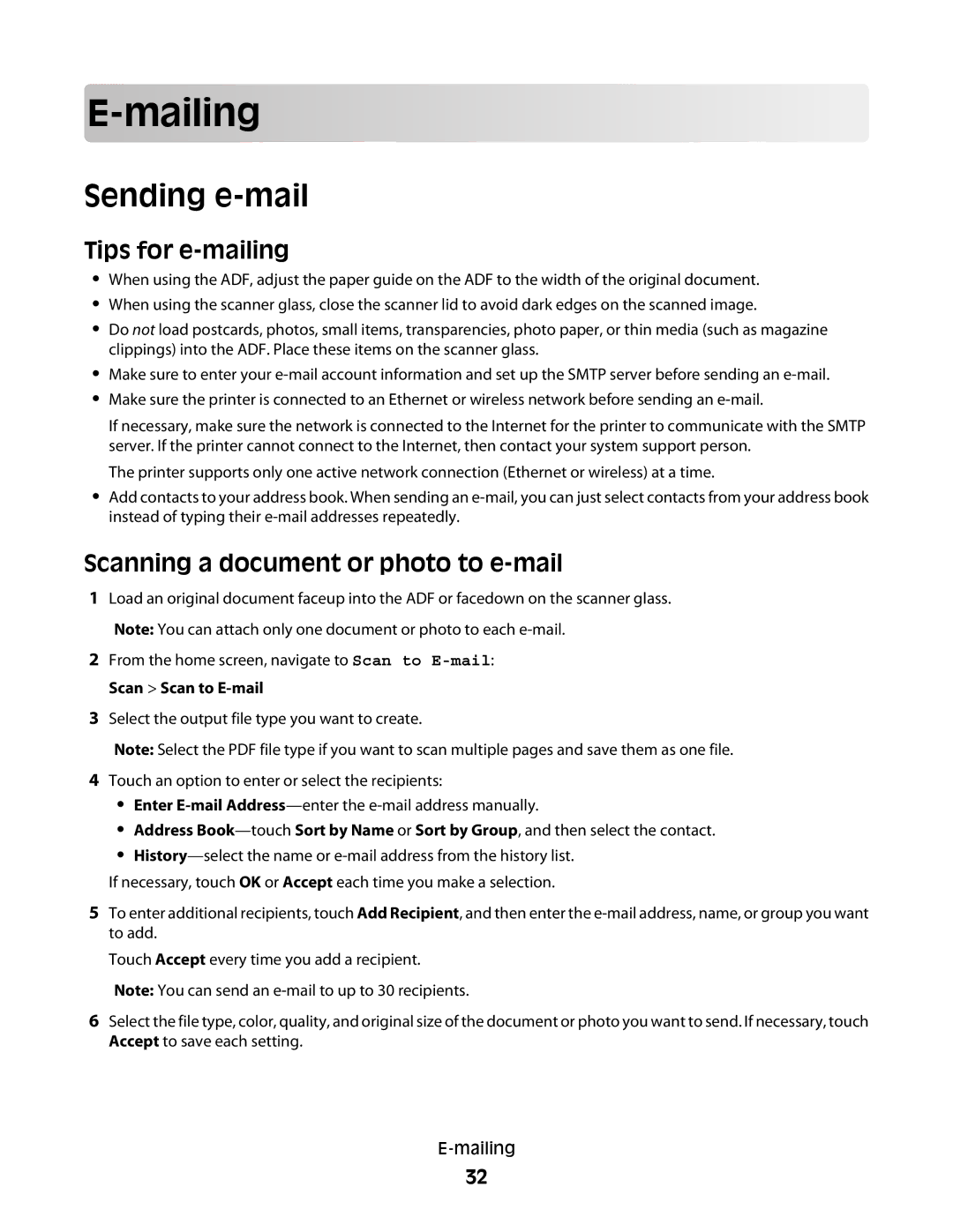 Lexmark Pro803, Pro800 manual Mailing, Sending e-mail, Tips for e-mailing, Scanning a document or photo to e-mail 