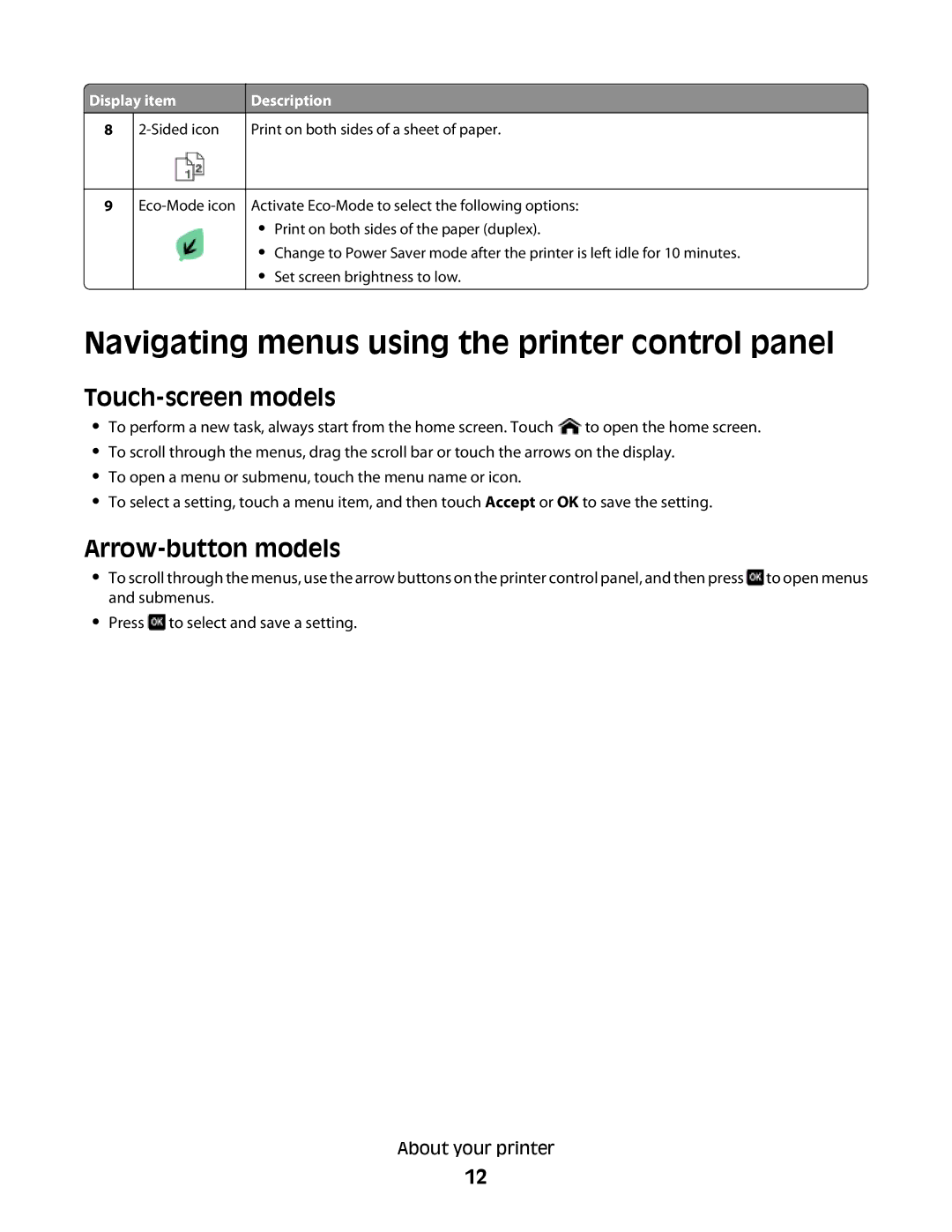 Lexmark Pro900 manual Navigating menus using the printer control panel, Touch-screen models, Arrow-button models 