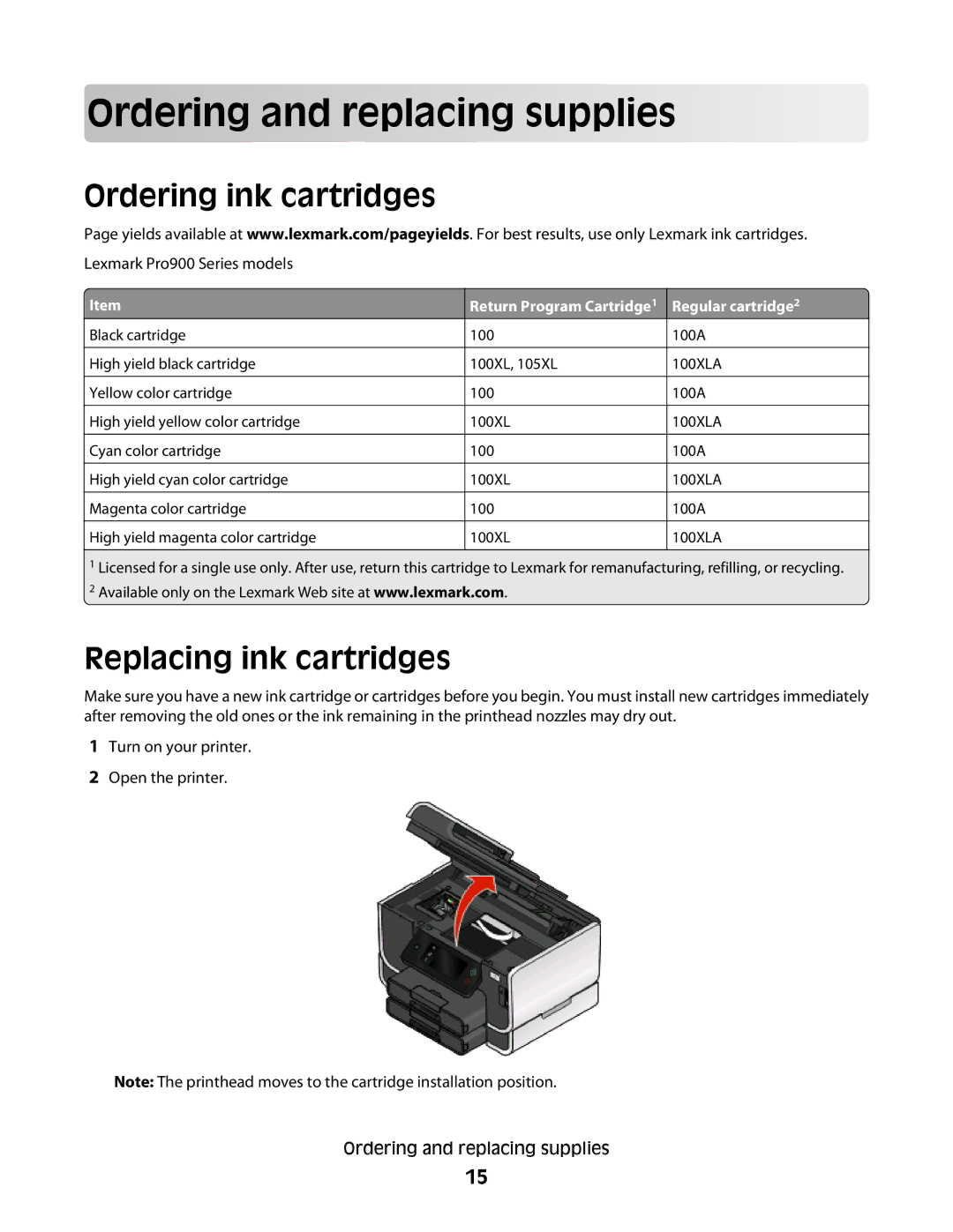 Lexmark Pro900 manual Orde rin g an d replac in g supplie s, Ordering ink cartridges, Replacing ink cartridges 