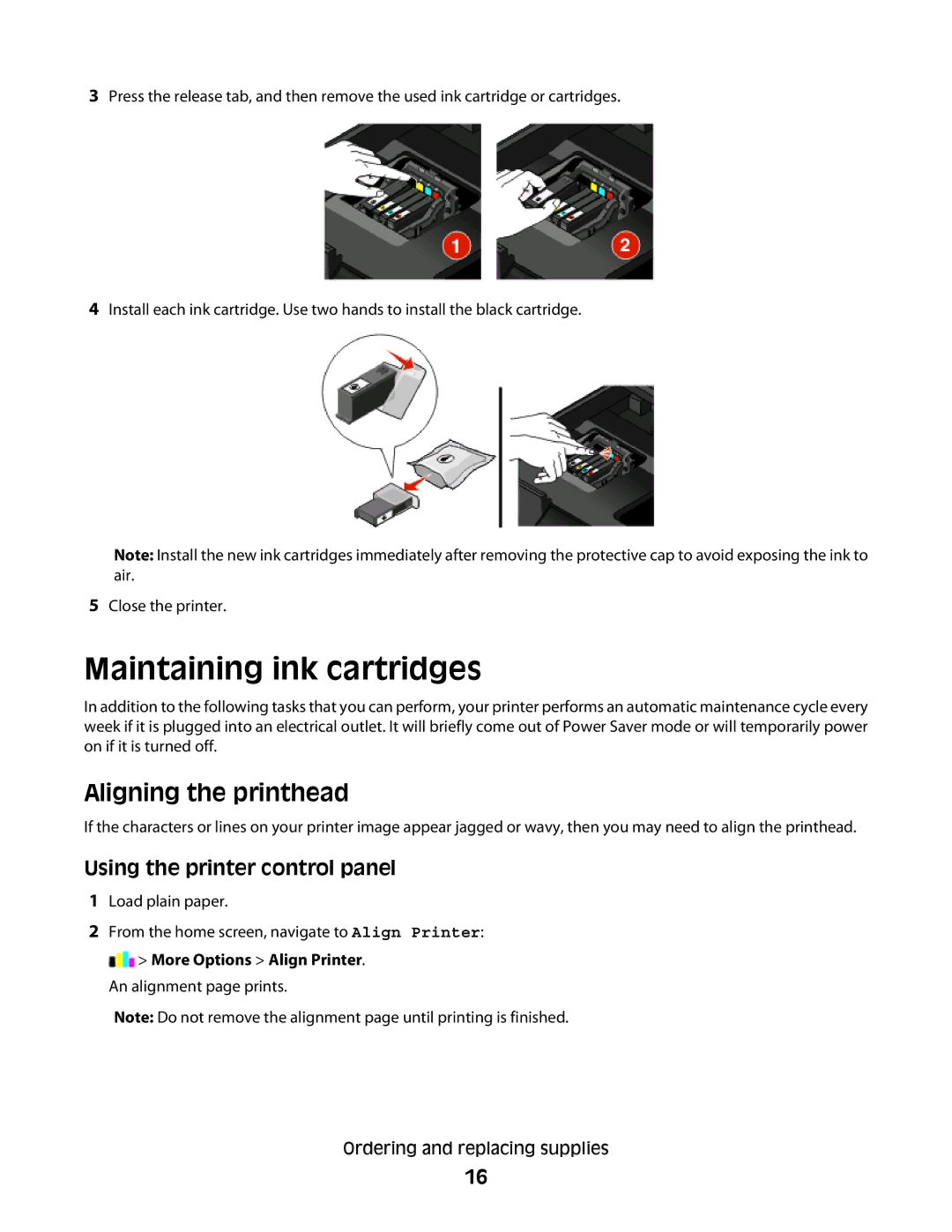 Lexmark Pro900 manual Maintaining ink cartridges, Aligning the printhead 