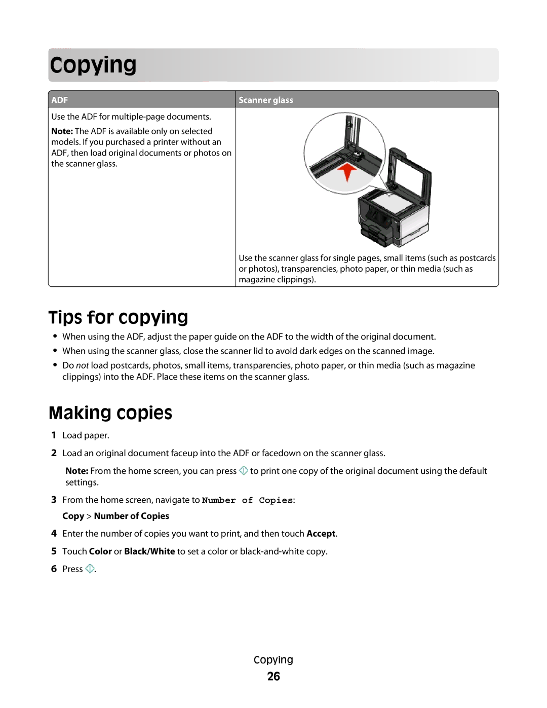 Lexmark Pro900 manual Cop ying, Tips for copying, Making copies, Scanner glass 