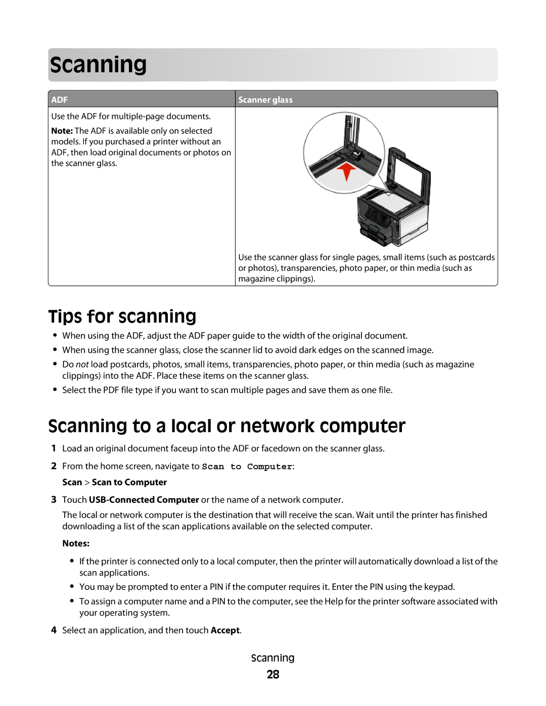 Lexmark Pro900 manual Scan ning, Tips for scanning, Scanning to a local or network computer 