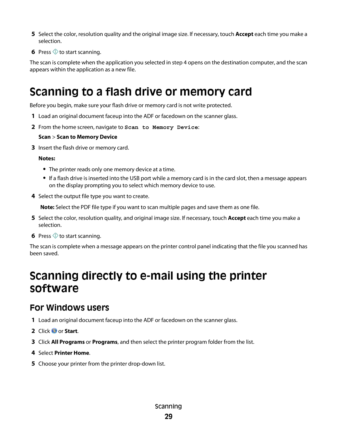 Lexmark Pro900 manual Scanning to a flash drive or memory card, Scanning directly to e-mail using the printer software 