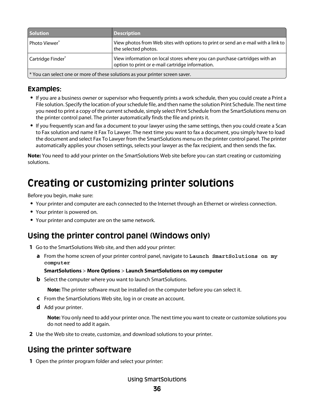 Lexmark Pro900 manual Creating or customizing printer solutions, Using the printer control panel Windows only 