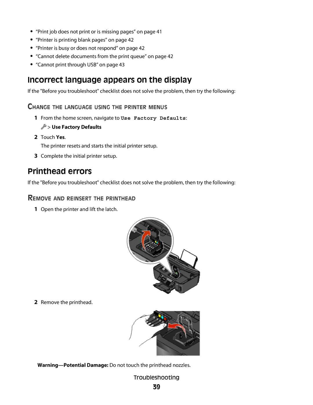 Lexmark Pro900 manual Incorrect language appears on the display, Printhead errors 