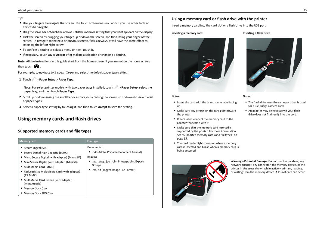 Lexmark PRO910 Using memory cards and flash drives, Supported memory cards and file types, Touch Paper Setup Paper Type 