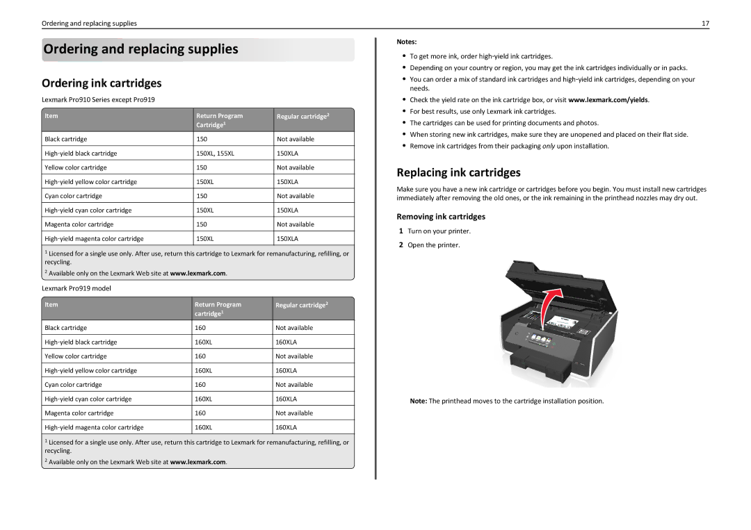 Lexmark PRO910 Ordering and replacing supplies, Ordering ink cartridges, Replacing ink cartridges, Removing ink cartridges 