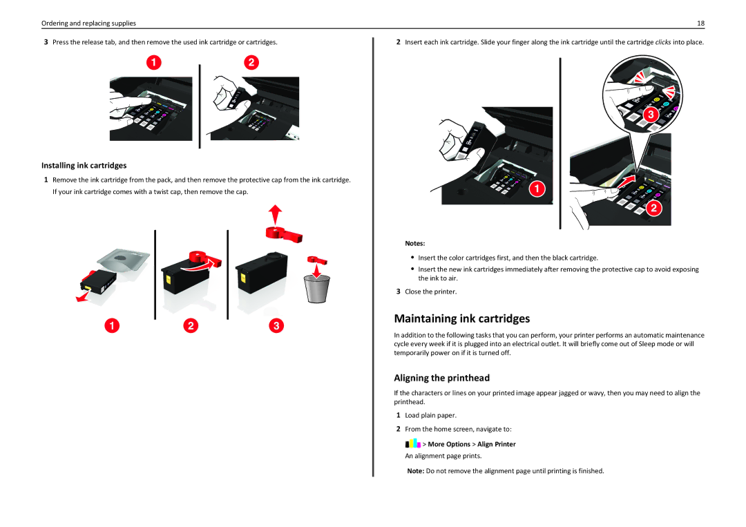 Lexmark PRO910 Maintaining ink cartridges, Aligning the printhead, Installing ink cartridges, More Options Align Printer 