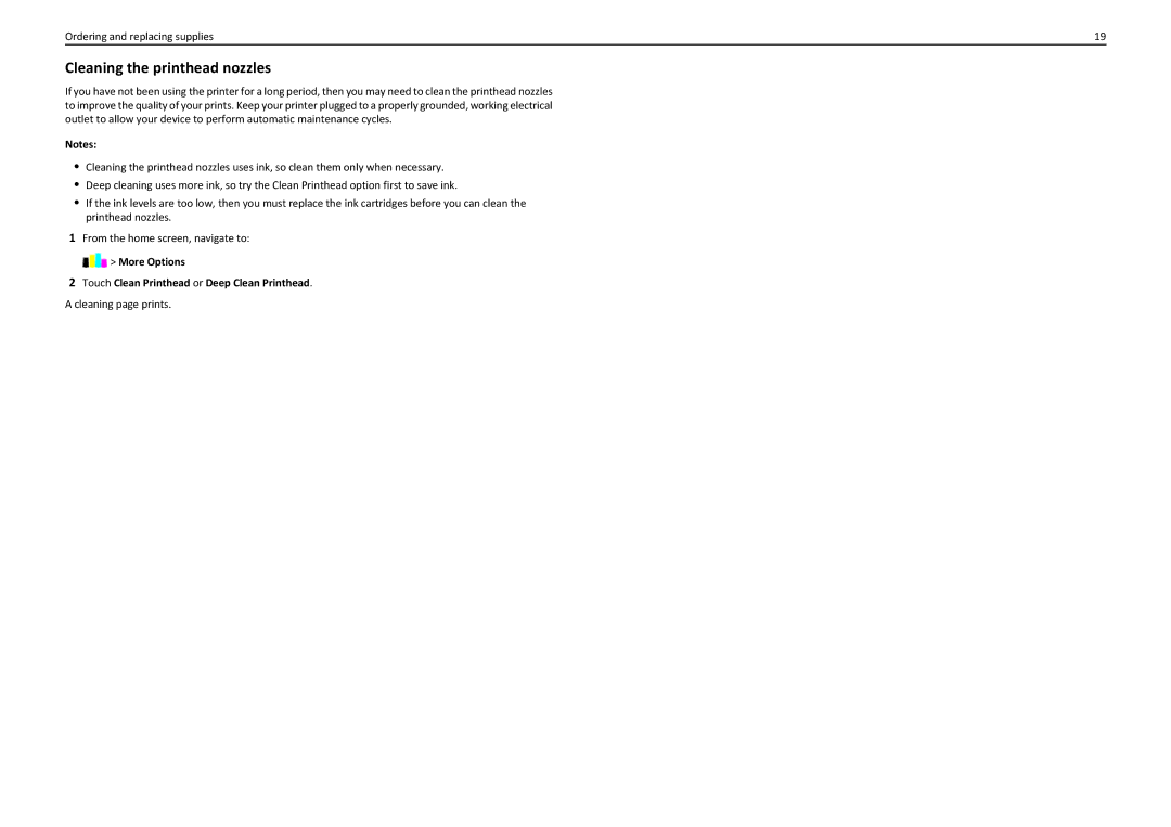 Lexmark PRO910 manual Cleaning the printhead nozzles, Touch Clean Printhead or Deep Clean Printhead 