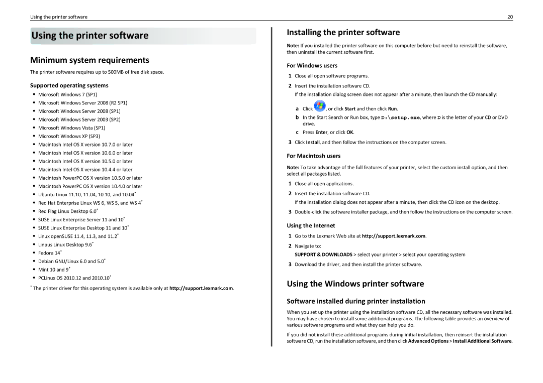 Lexmark PRO910 manual Using the printer software, Minimum system requirements, Installing the printer software 