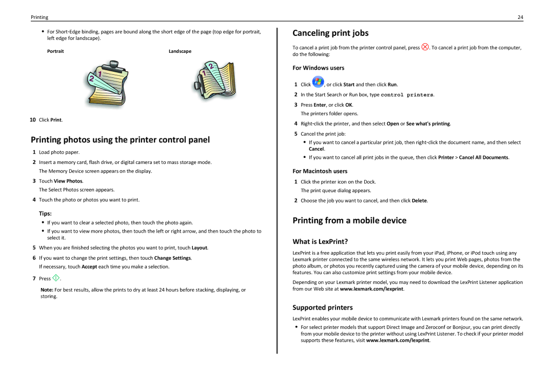 Lexmark PRO910 manual Printing photos using the printer control panel, Canceling print jobs, Printing from a mobile device 