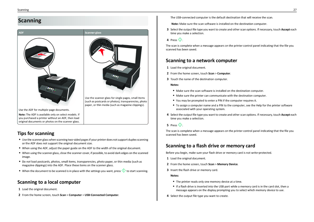 Lexmark PRO910 manual Scanning to a network computer, Tips for scanning, Scanning to a local computer 