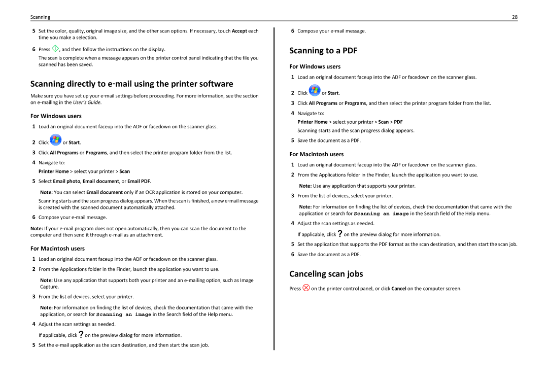 Lexmark PRO910 manual Scanning directly to e‑mail using the printer software, Canceling scan jobs 